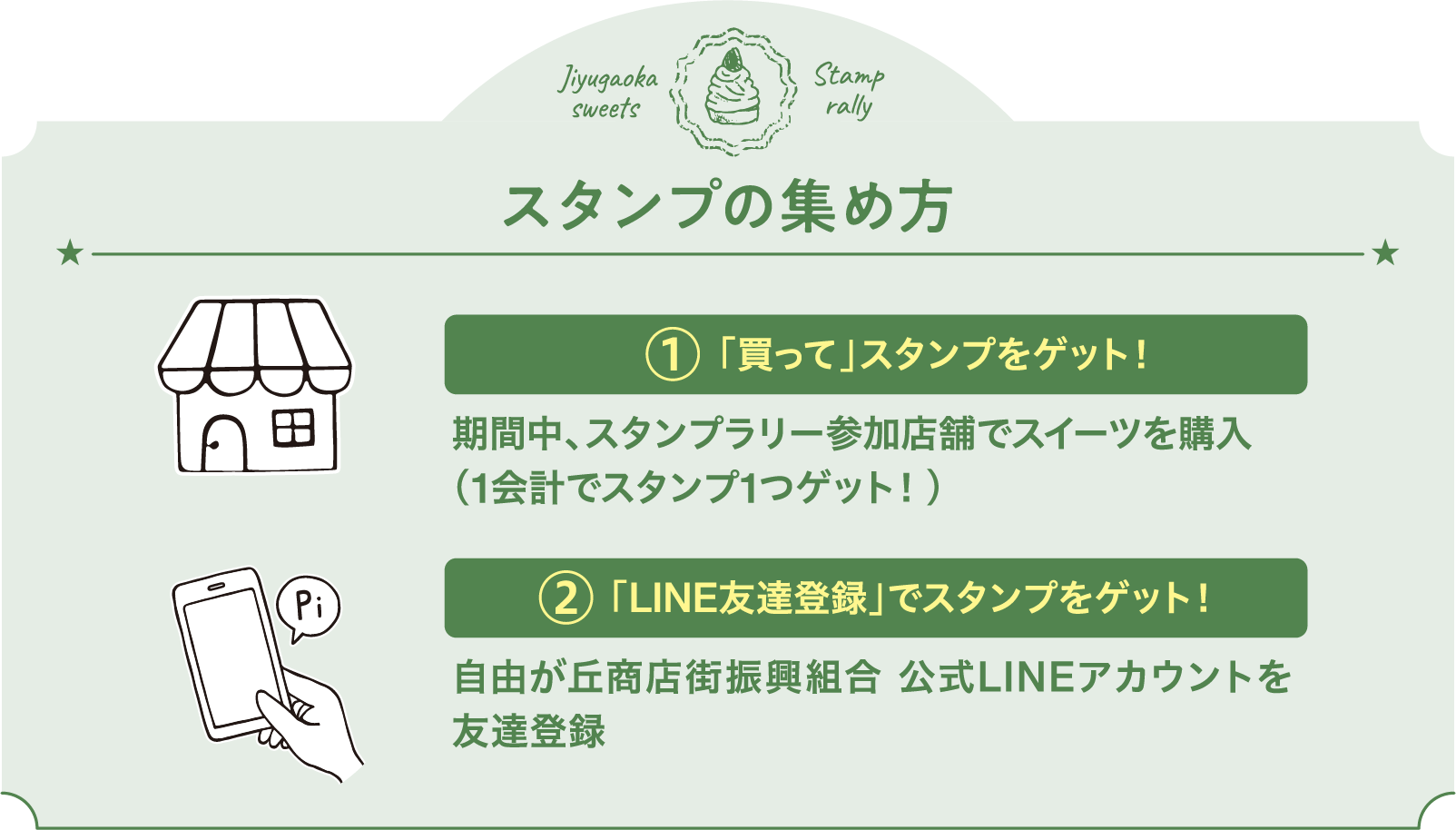 スタンプの集め方① 「買って」スタンプをゲット!期間中、スタンプラリー参加店舗でスイーツを購入(1会計でスタンプ1つゲット!)② 「LINE友達登録」でスタンプをゲット!自由が丘商店街振興組合 公式LINEアカウントを友達登録